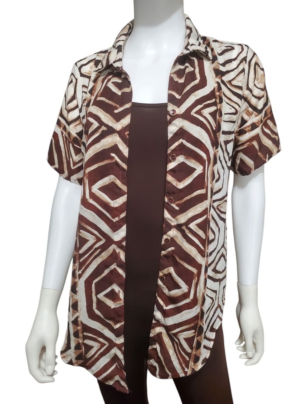 Sara Michelle Brown Cream Geometric Button Down Shirt Size S
